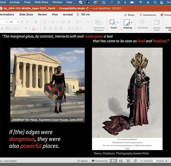 screen shot of my slide deck for a lecture on the middle ages, which included a section on the power of being a voice on the margins